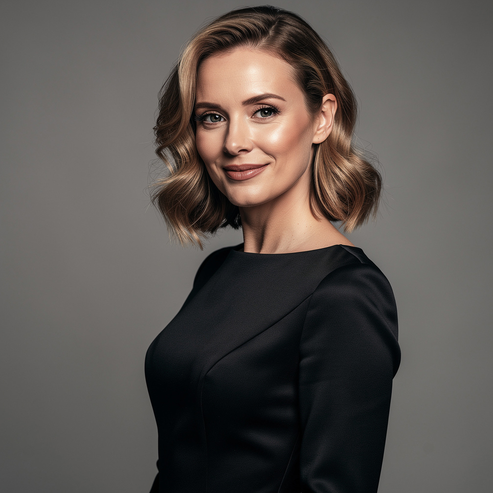 Studio portrait of a European actress in elegant black attire