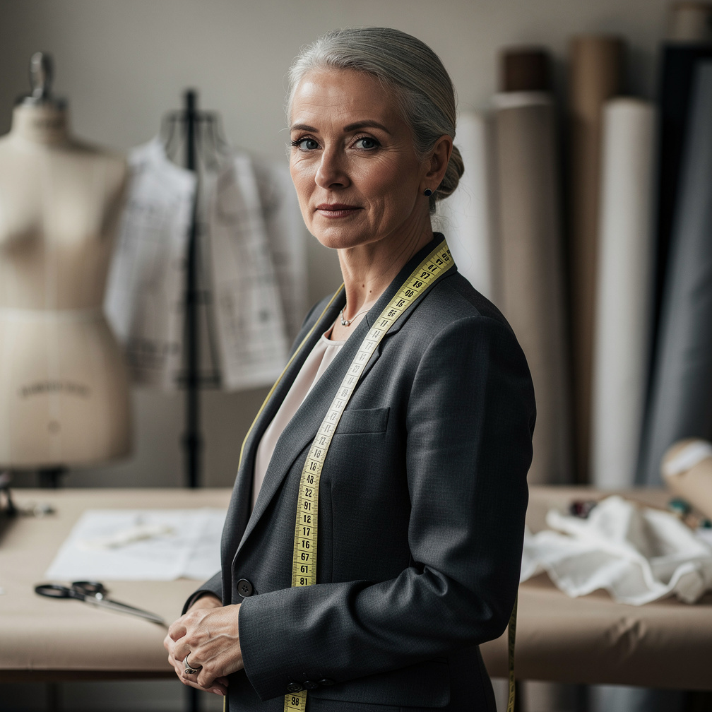 Portrait of a European fashion designer in her atelier